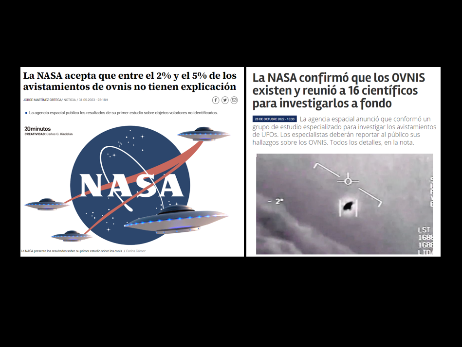 Arriba y abajo: Desde la divulgación del Pentágono, surgió el acompañamiento de la NASA con algunos de sus científicos, para el estudio de los OVNIS. Arriba y abajo: Desde la divulgación del Pentágono, surgió el acompañamiento de la NASA con algunos de sus científicos, para el estudio de los OVNIS.
